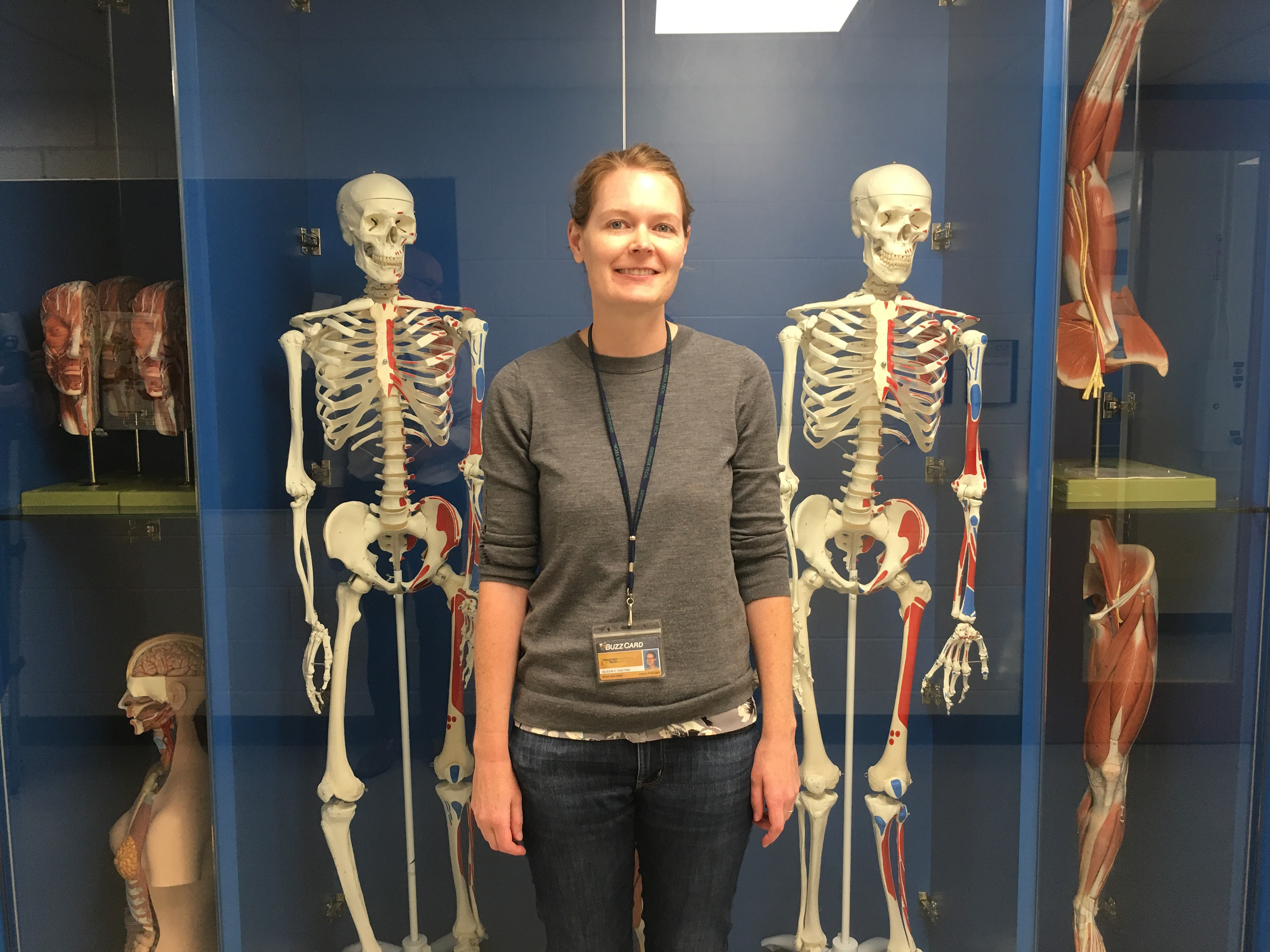 Alison Onstine by the anatomy display case in Boggs (Photo by Maureen Rouhi)