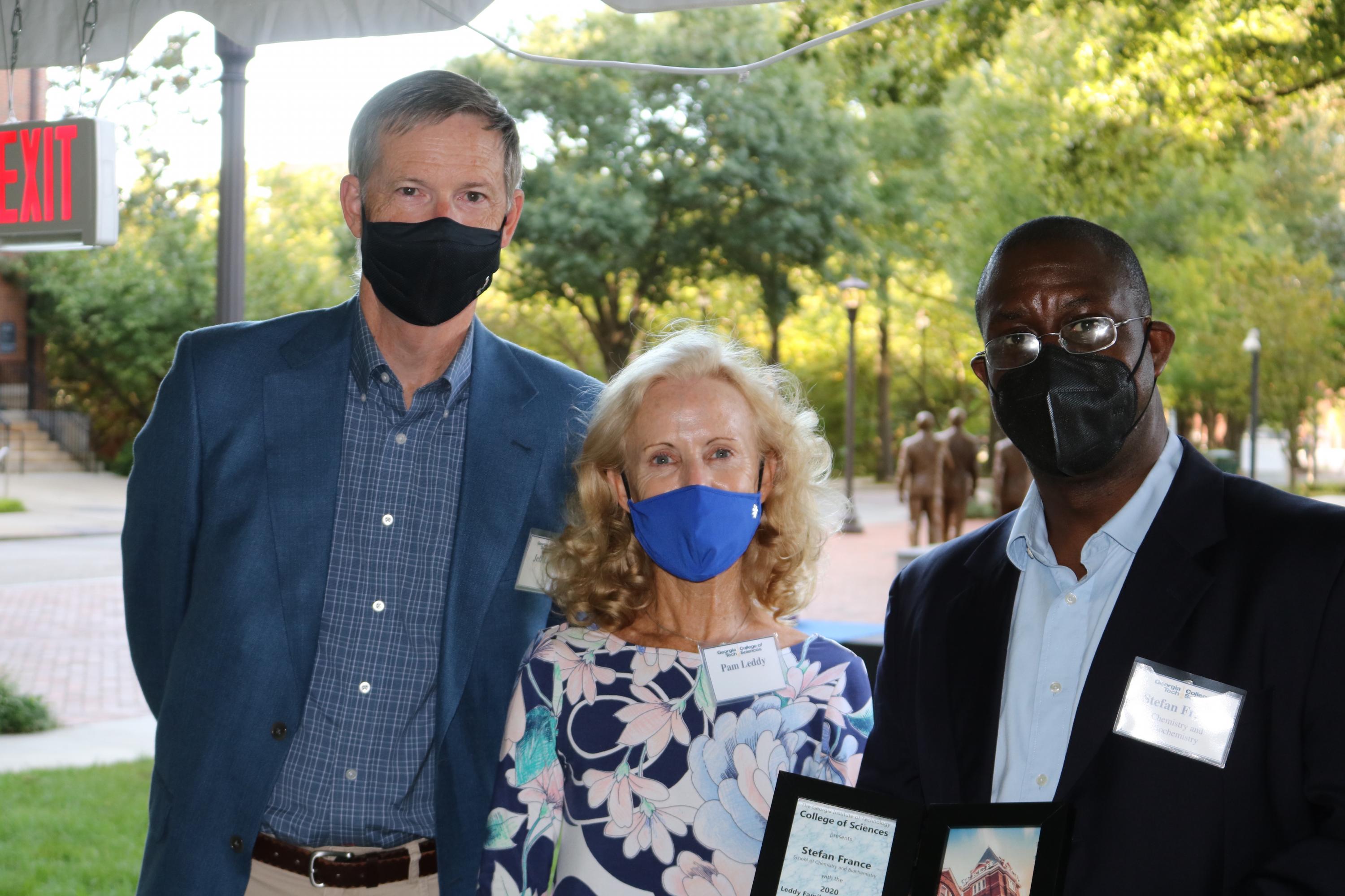 Jeff and Pam Leddy (left) with School of Chemistry and Biochemistry's Stefan France, winner of the Leddy Family Dean's Faculty Excellence Award (Photo Renay San Miguel)