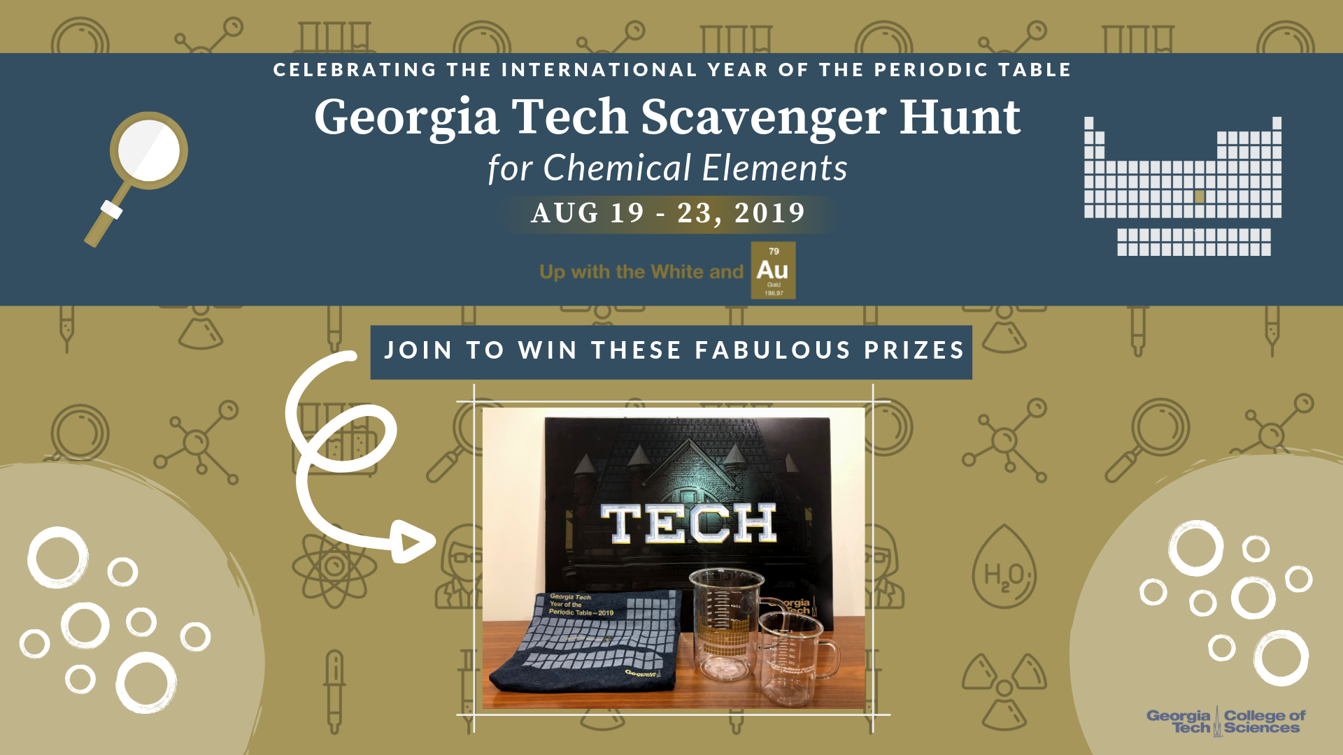 Georgia Tech posters, beaker mugs, and T-shirts await successful scavenger hunters